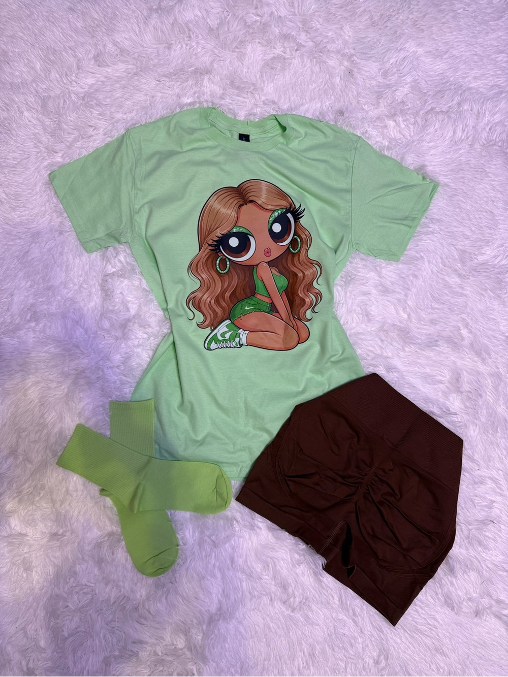 Mint Graphic Pajama Tee with Cartoon Print